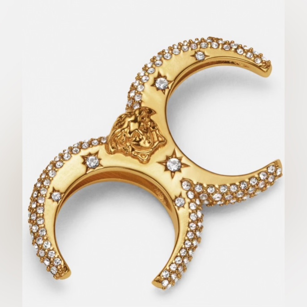 BNWT Versace Galaxy Medusa Crystal Engraved Cuff Double Ring Gold Tone!